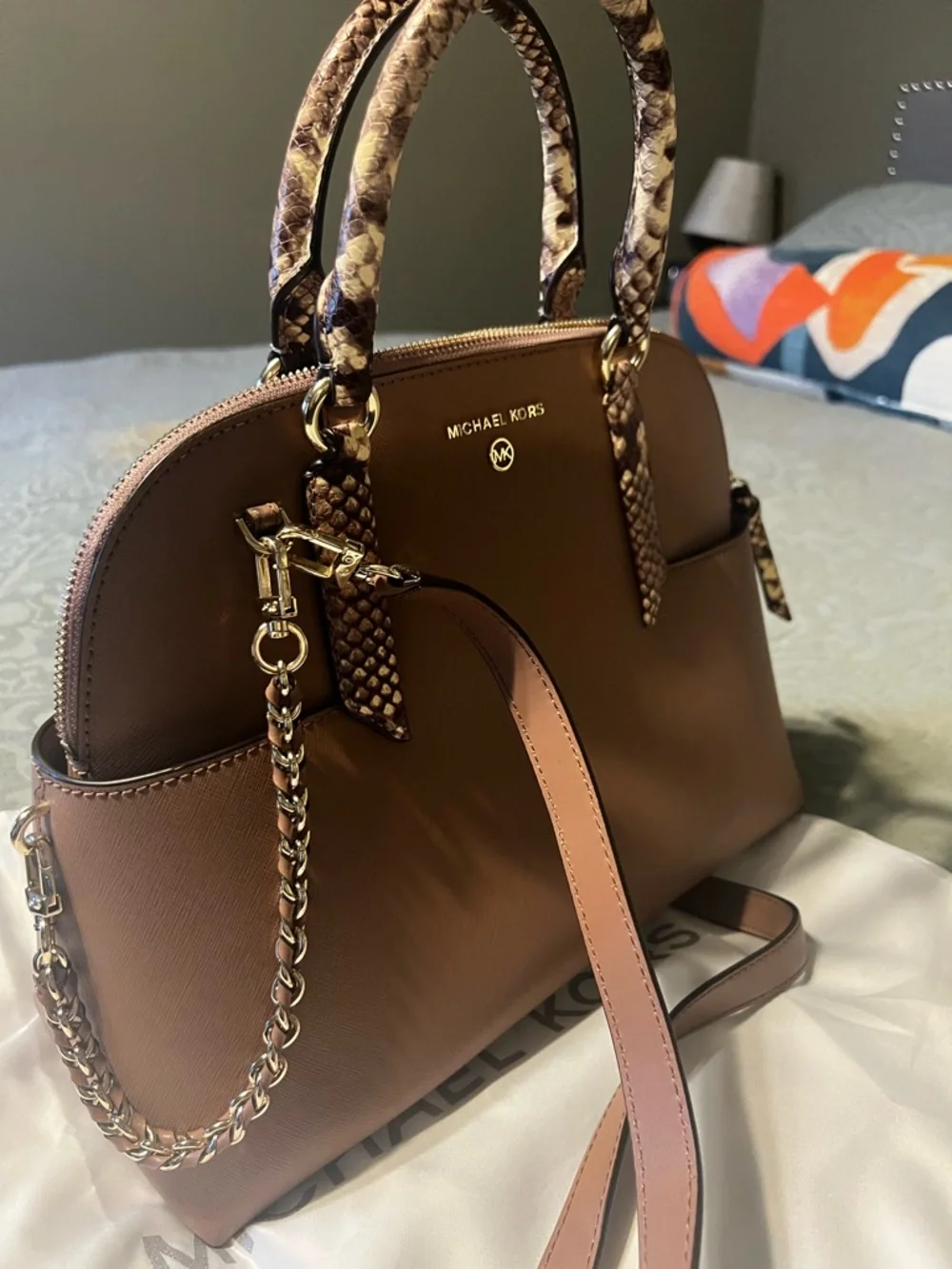 Michael Kors Saffiano Dome Satchel in Taupe with Snake-Trim - Picture 5 of 5